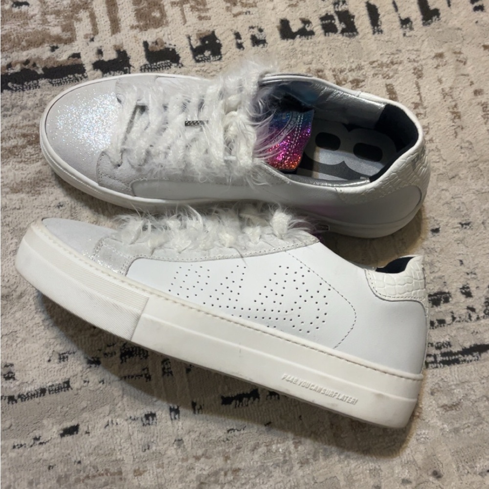 P448 White Sneakers with Glitter and Fur Accents
